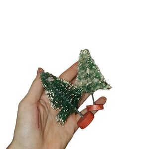 Vintage Green Bottle Brush Christmas Trees With Red Wooden Bases